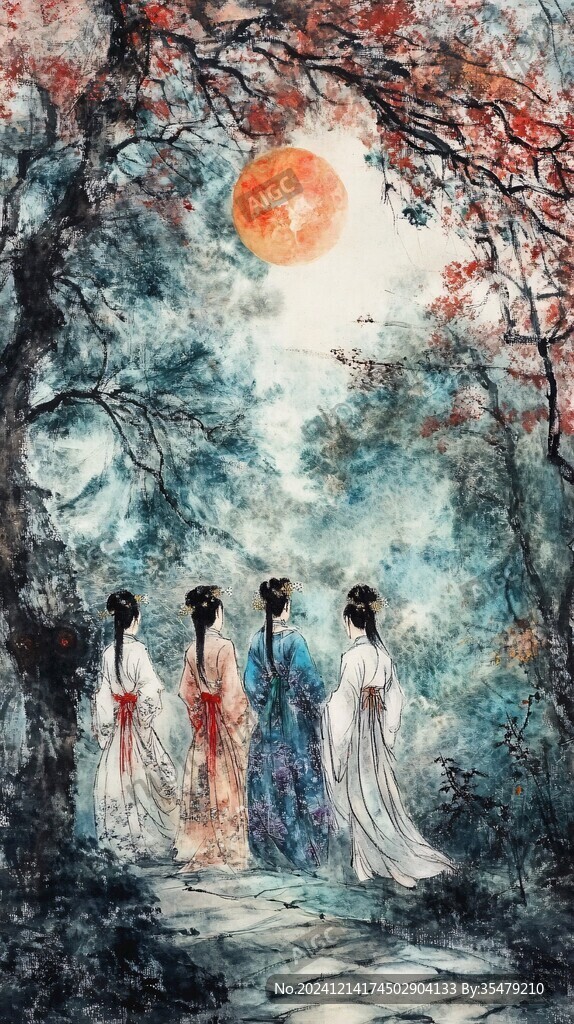 秋月吟诗图