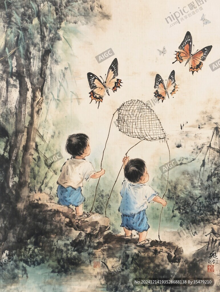 工笔儿童嬉戏