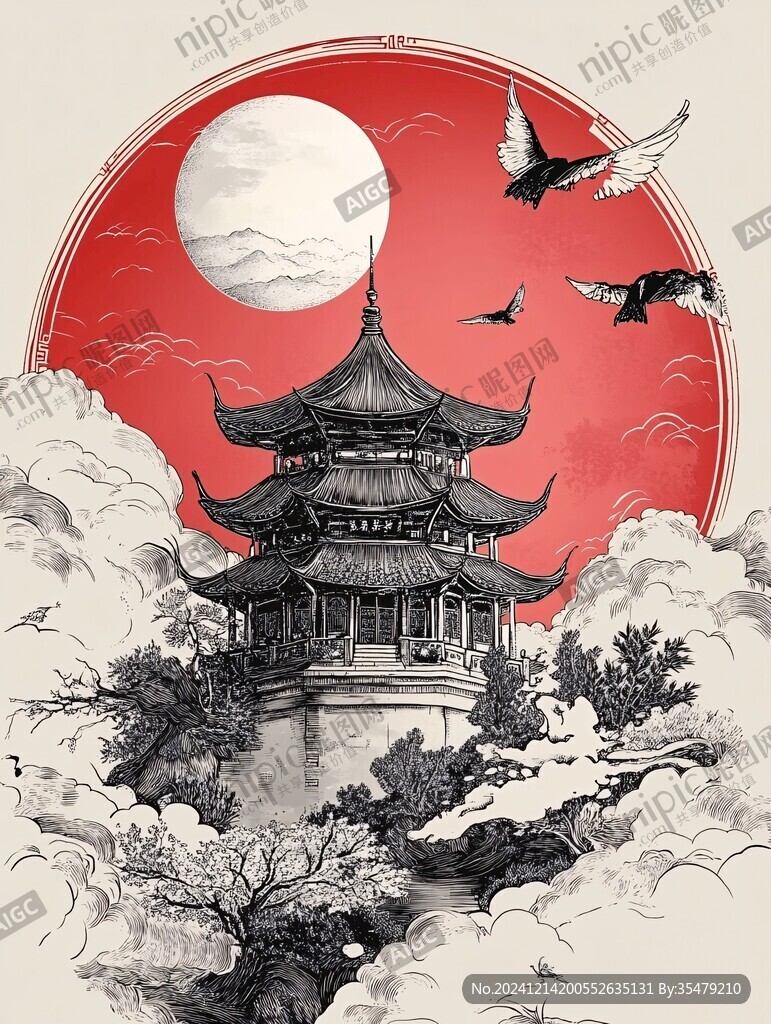 仙鹤楼阁山水插画