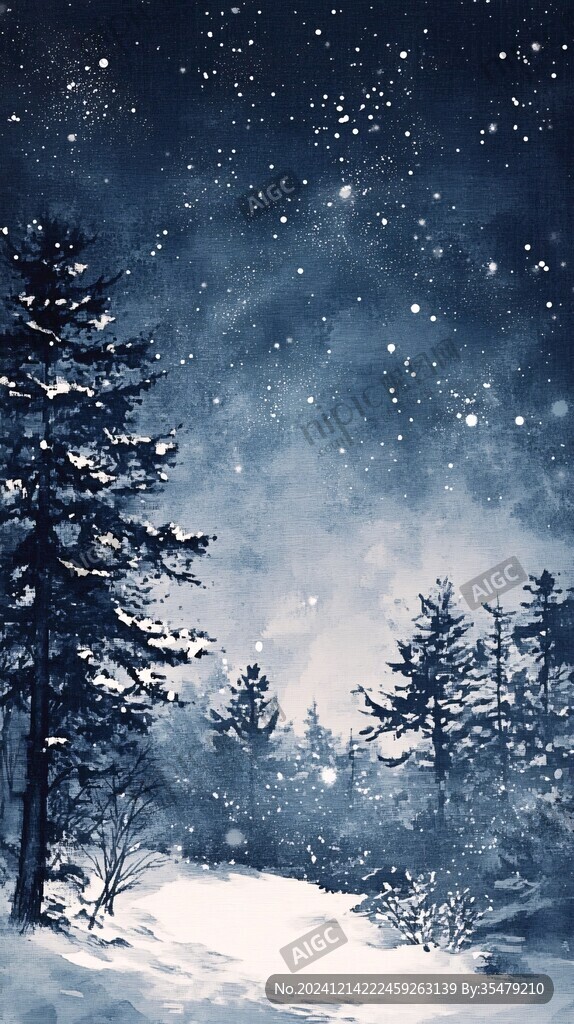 手绘雪夜风景无框画