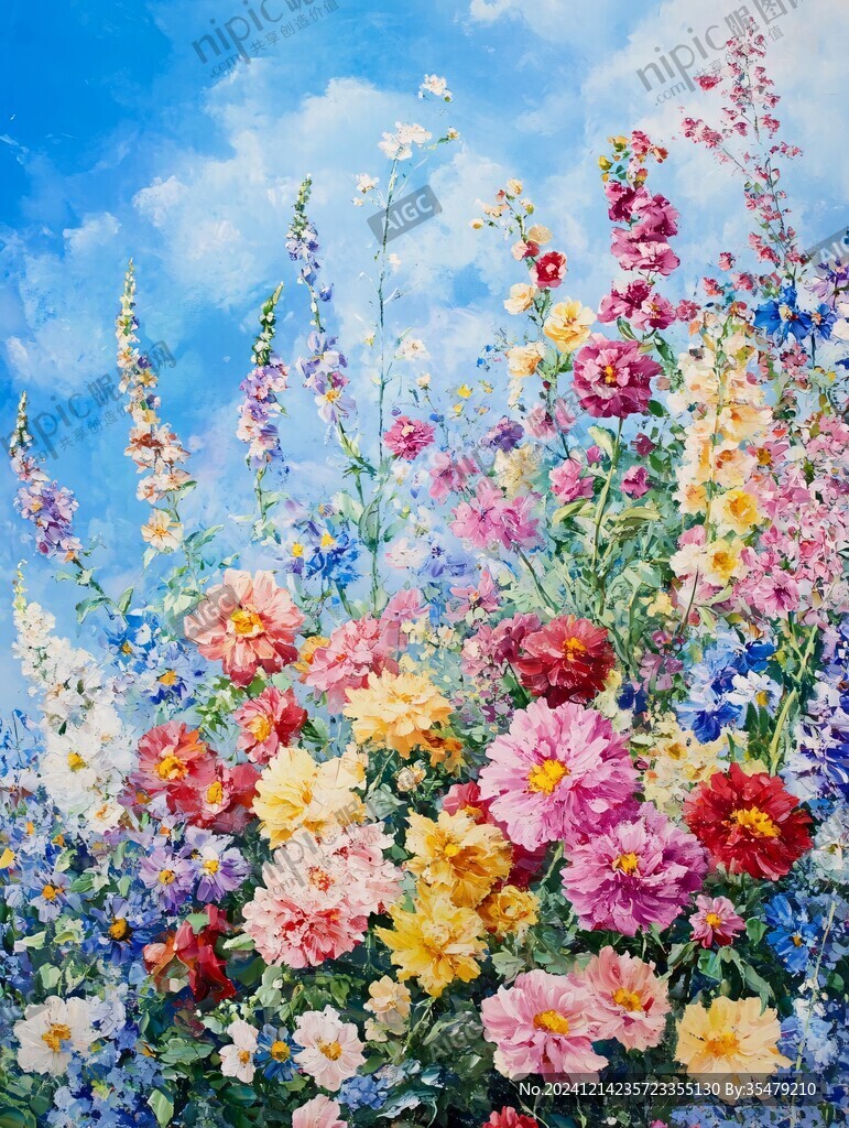 蓝天白云鲜花油画