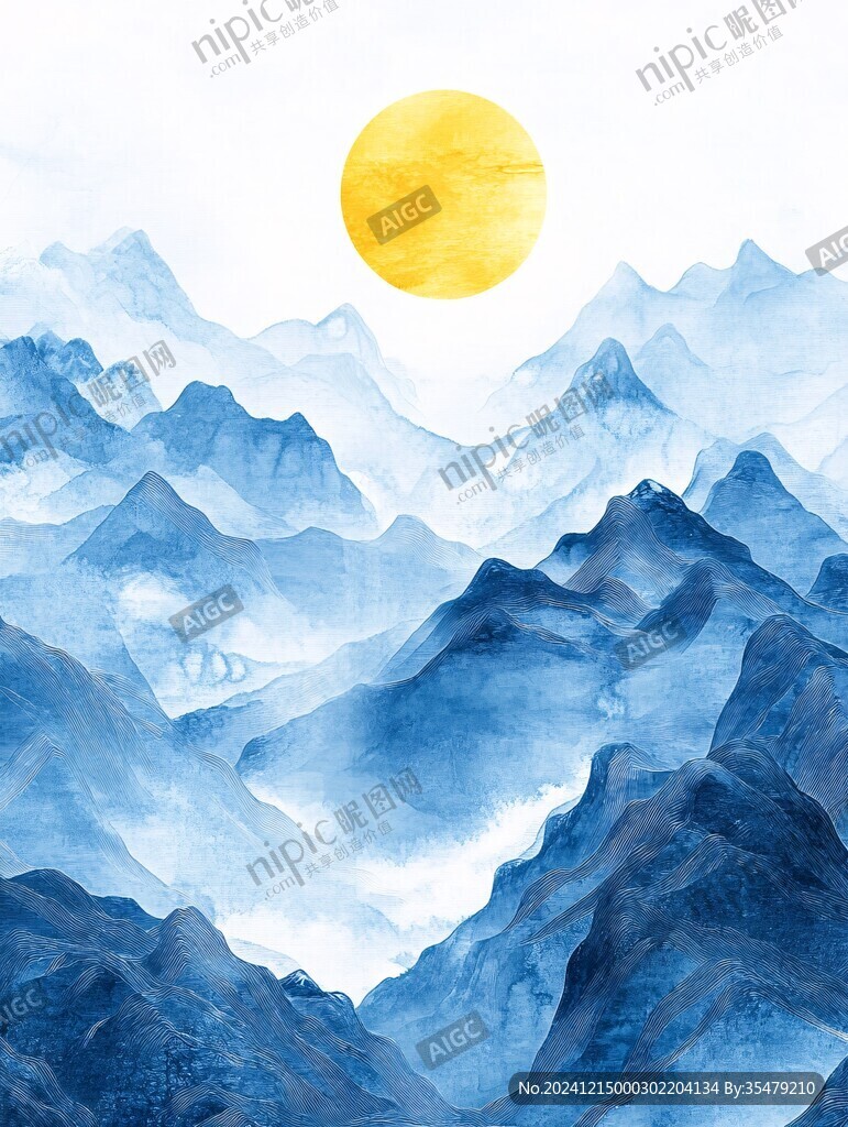 蓝色调山水画