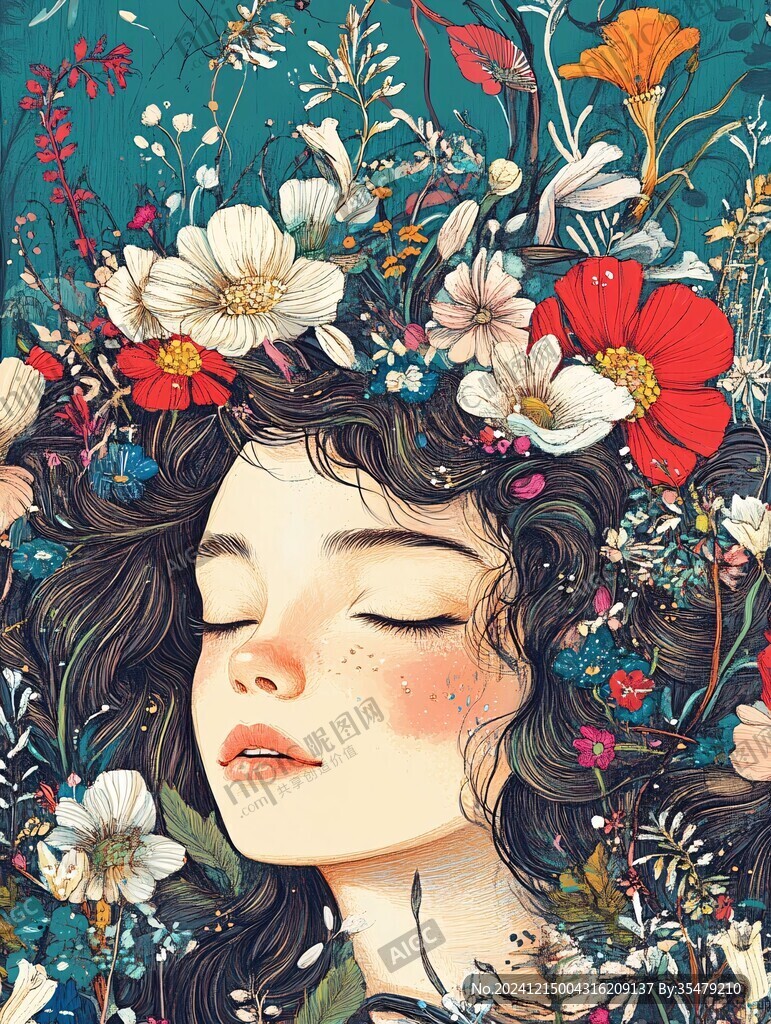 花卉少女插画