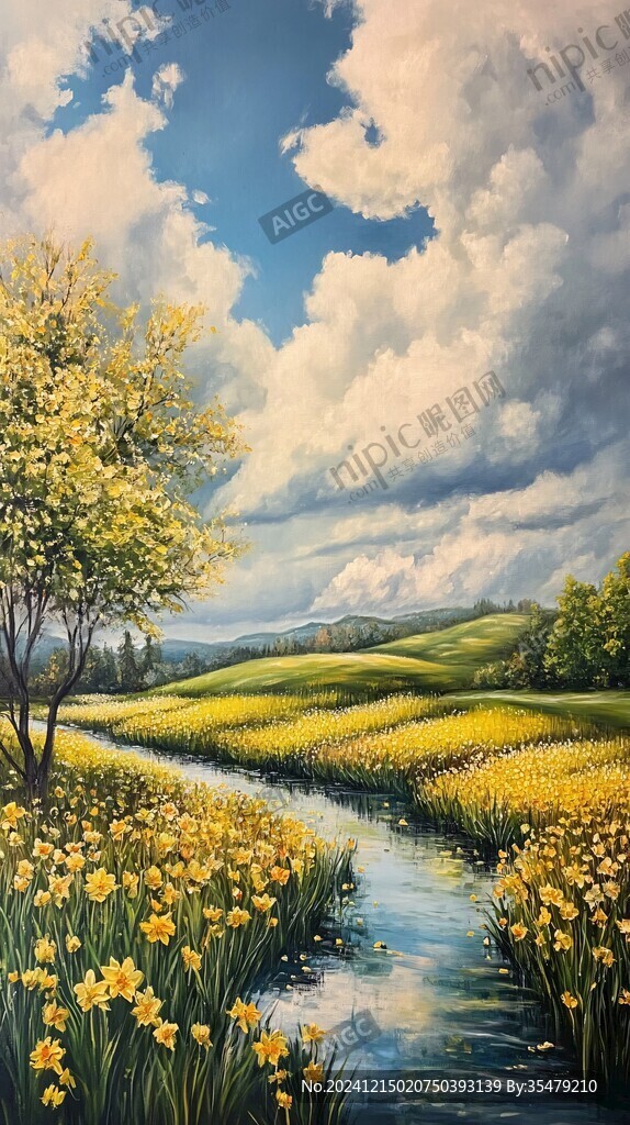 蓝天白云油菜花油画