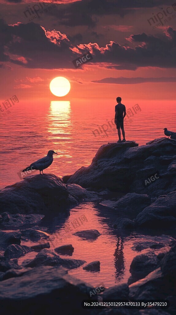 落日海边礁石海钓
