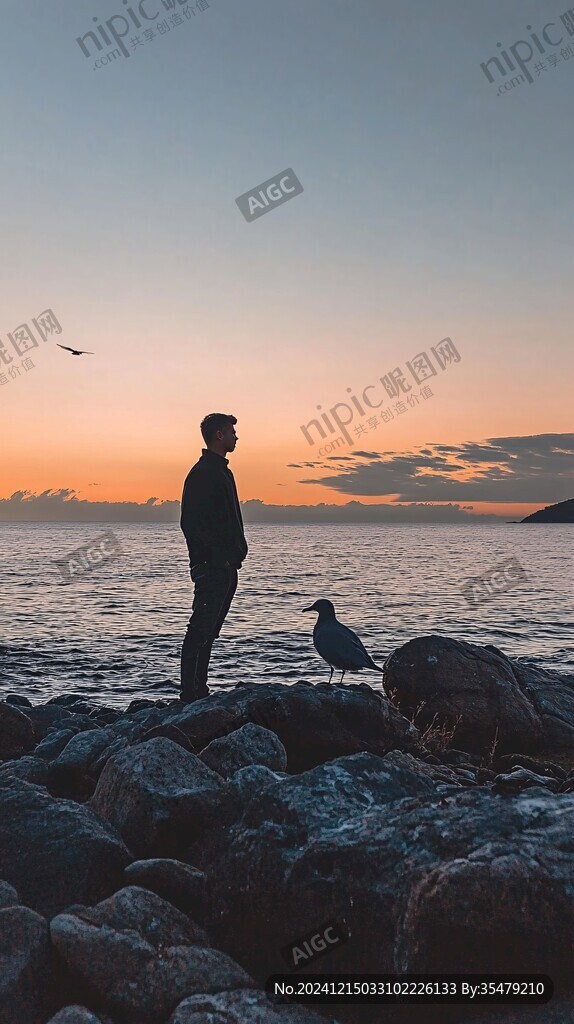 夕阳下大海边男人剪影