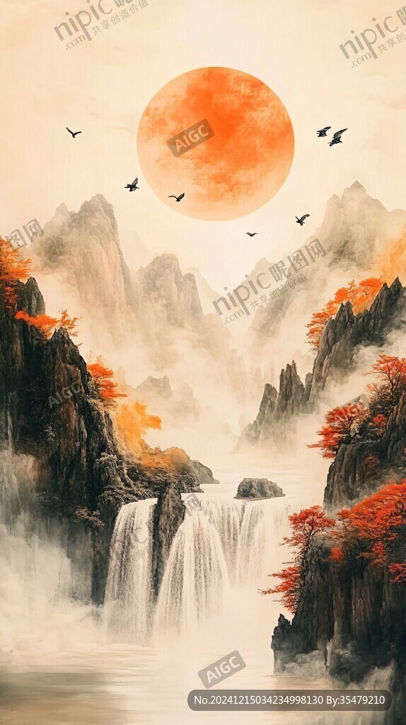 红日水墨山水