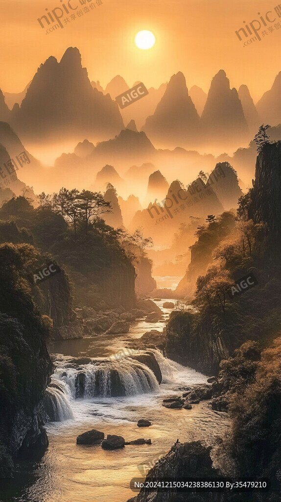 夕阳下的德天瀑布