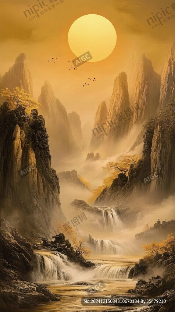 淡雅金色烟雾山水