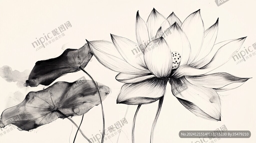 荷花手绘黑白