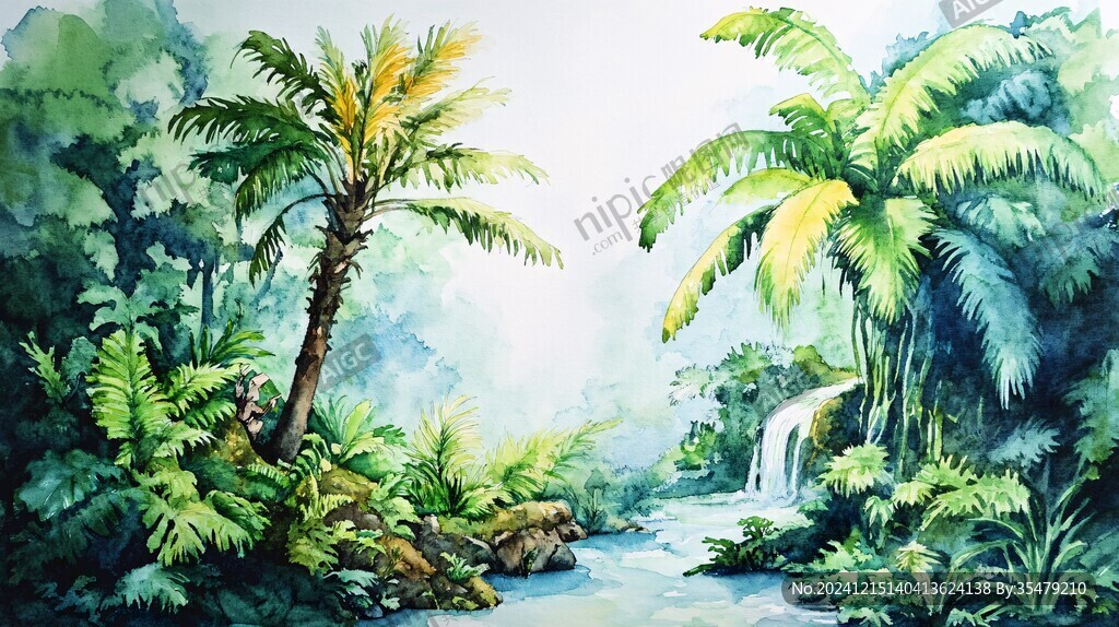 热带风景水彩画