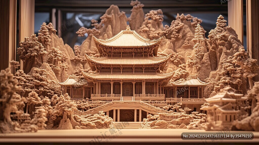 鱼牙雕亭台楼阁