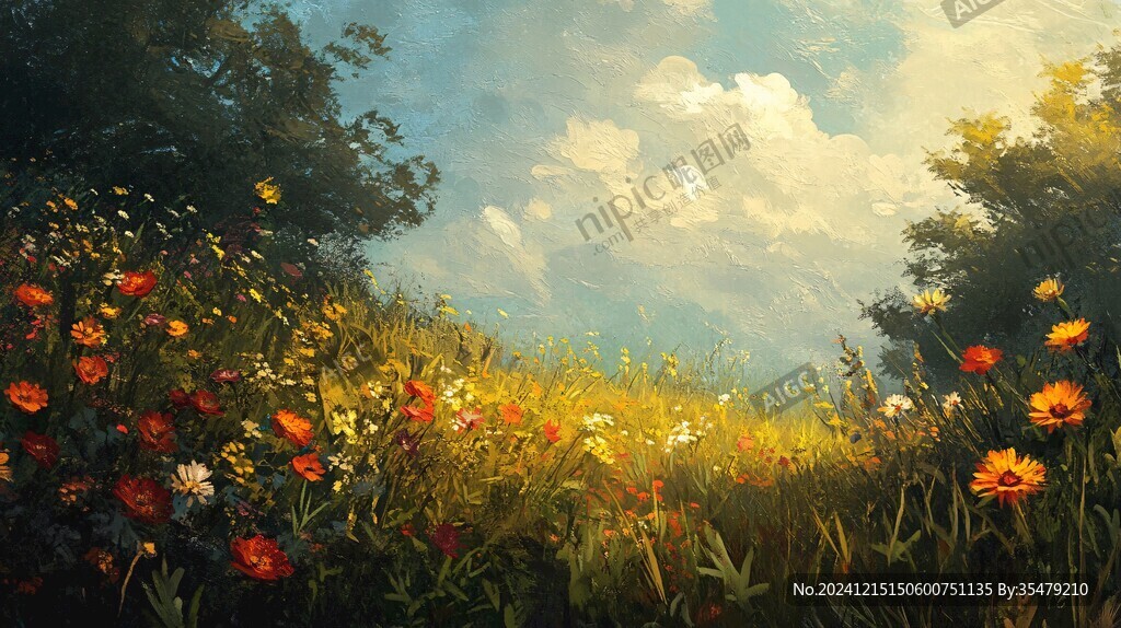 蓝天白云鲜花油画