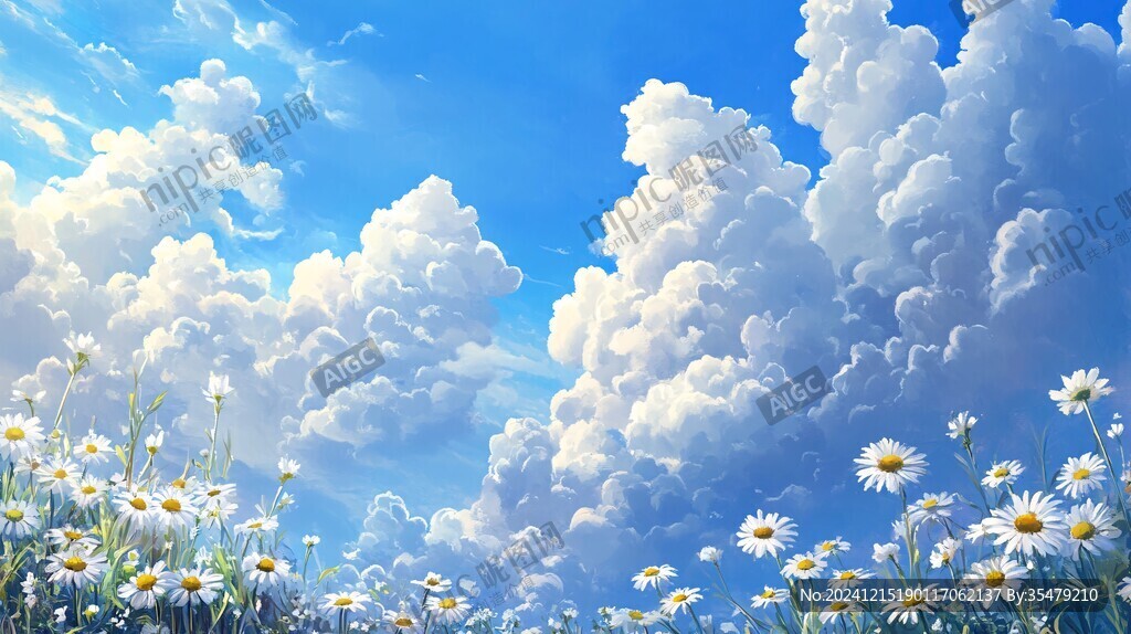 蓝天白云鲜花油画