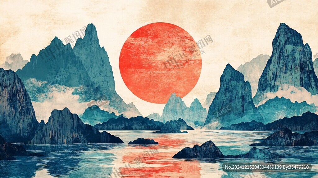 红日水墨山水