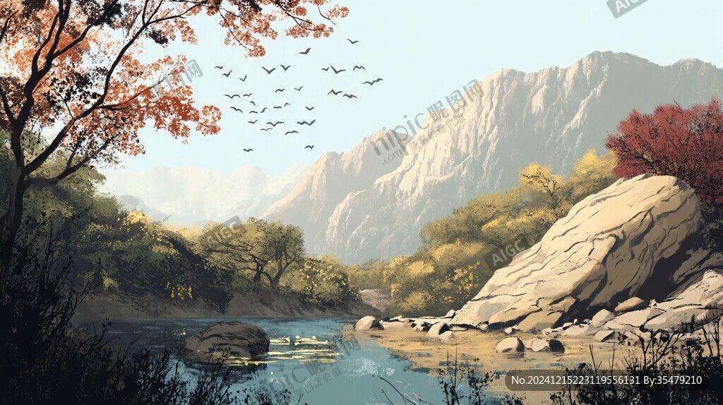 秋季山峦森林河流