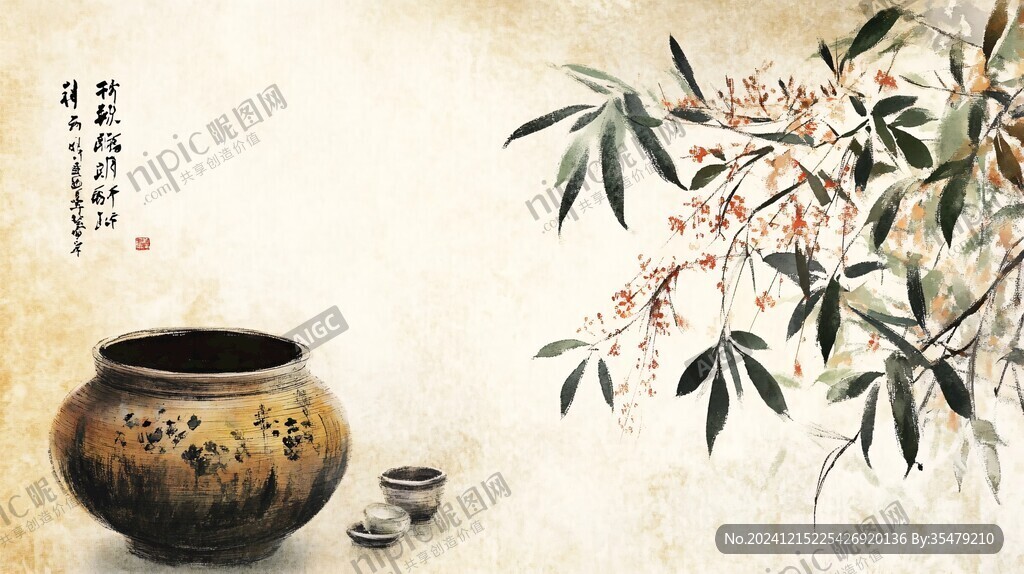 古风植物酒壶手绘插