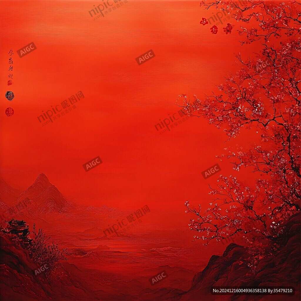 质感红色山水背景墙