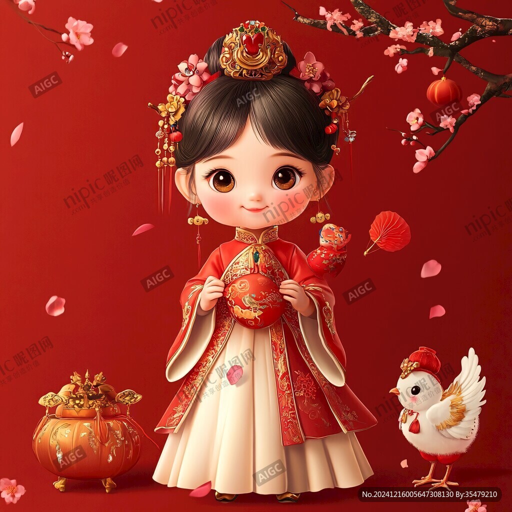 古风汉服q版女孩过年