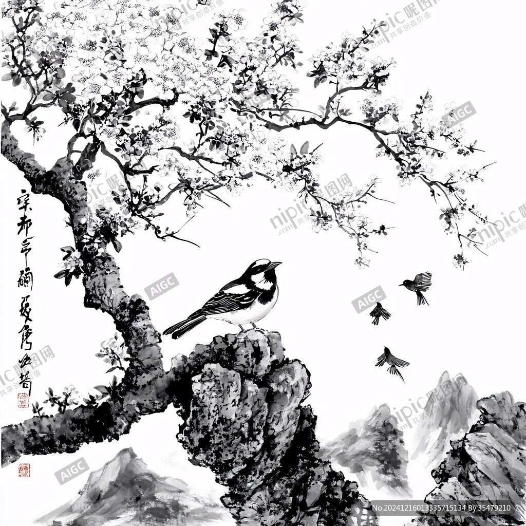 喜上枝头水墨画