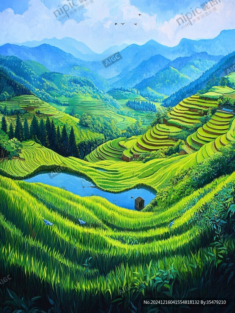 水稻梯田插画
