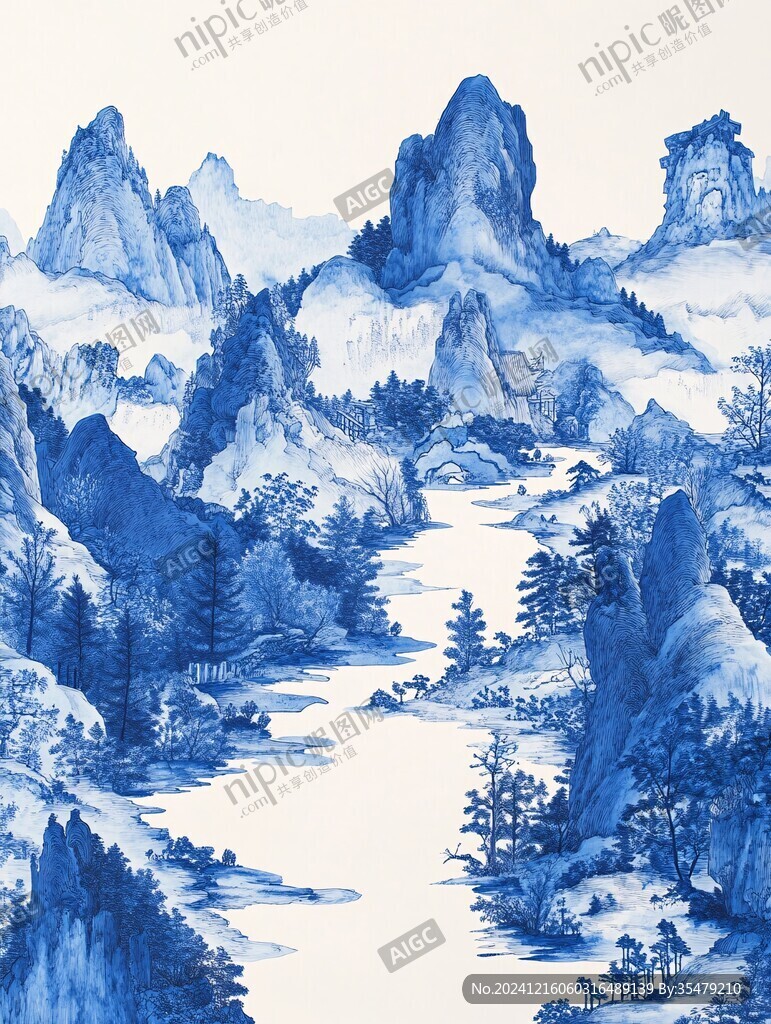 蓝色经典巨幅山水
