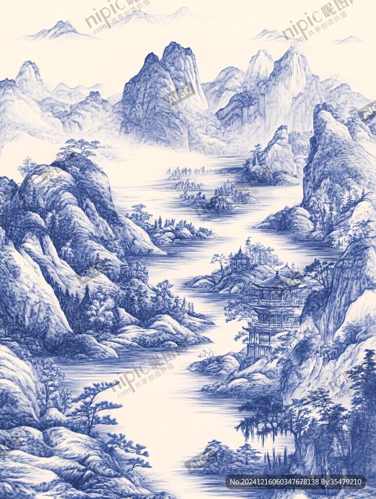 楼阁描线山水背景墙
