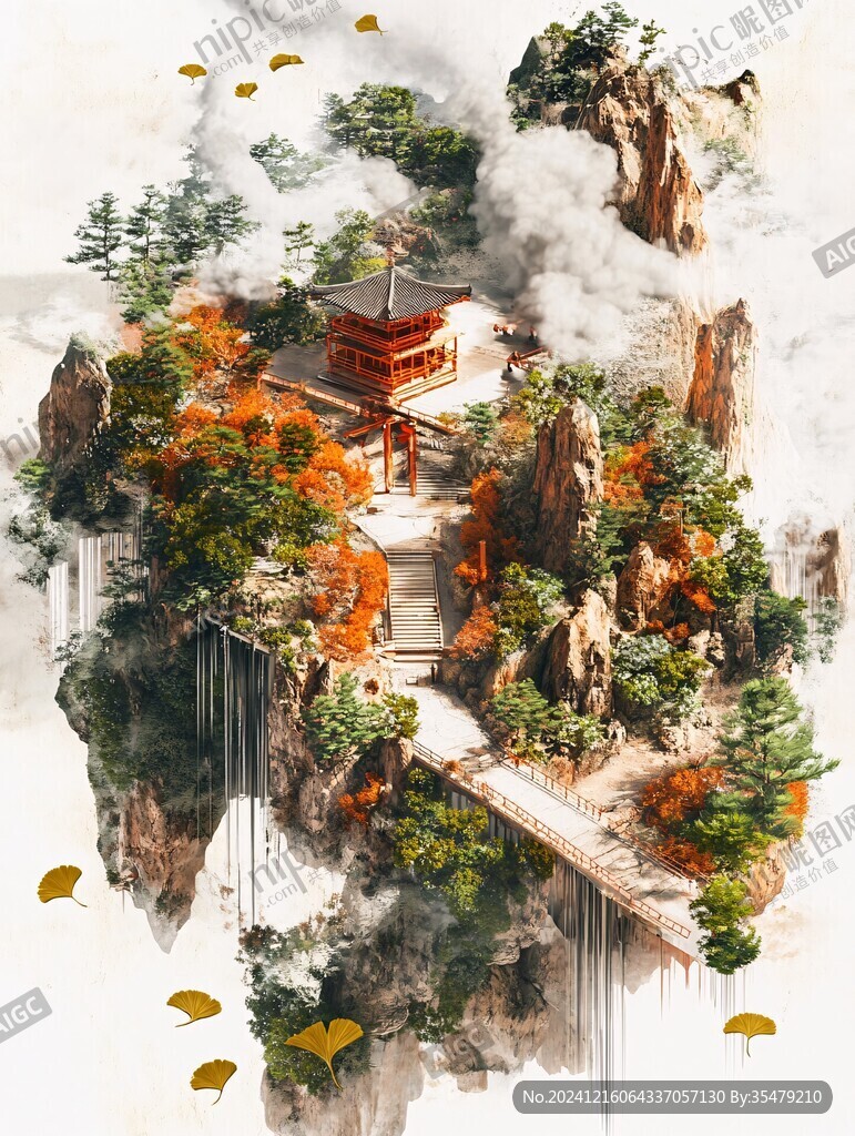 新中式楼阁山水
