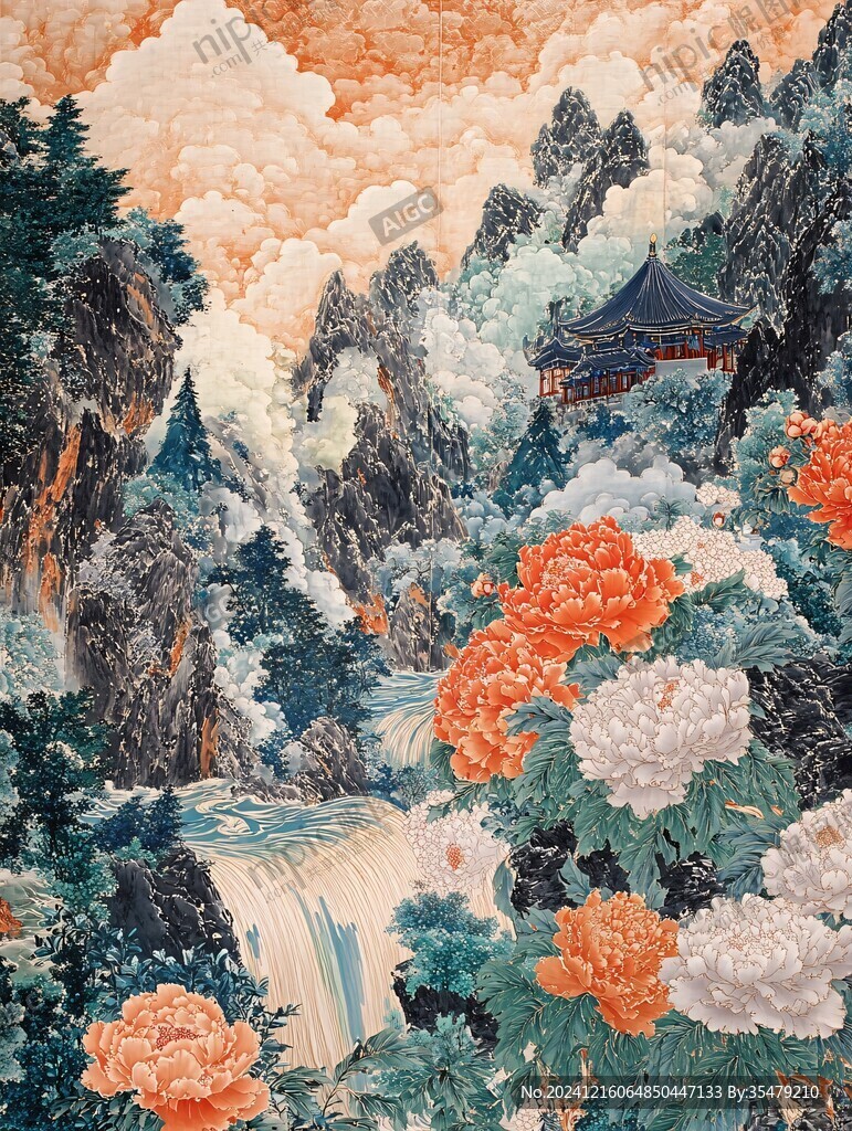 工笔山水画重彩风景画