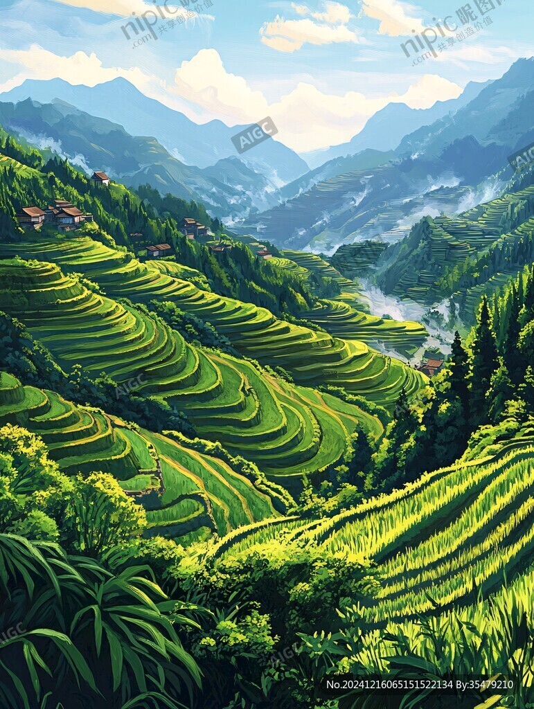 水稻梯田插画