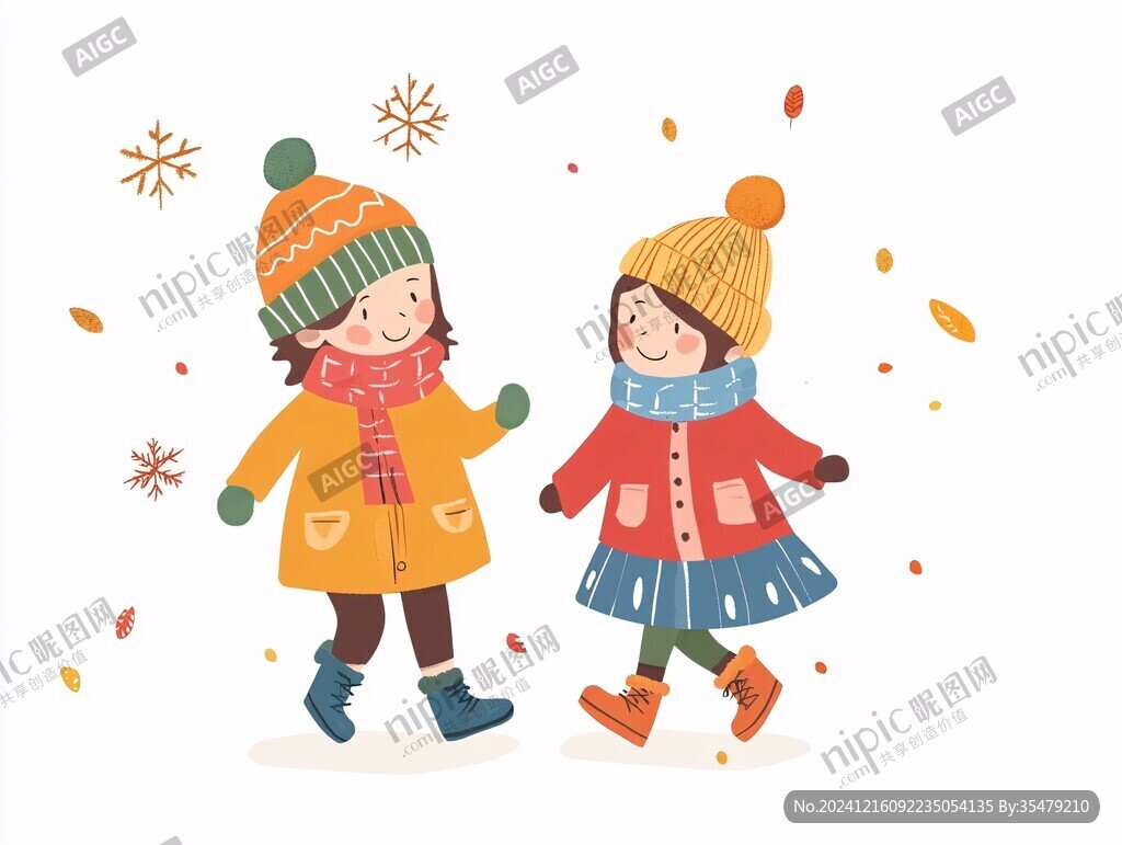 手绘雪地行走的小女孩