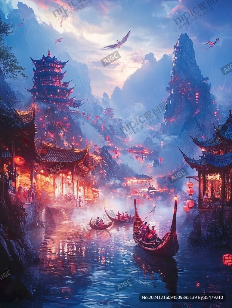 玄幻古镇夜景