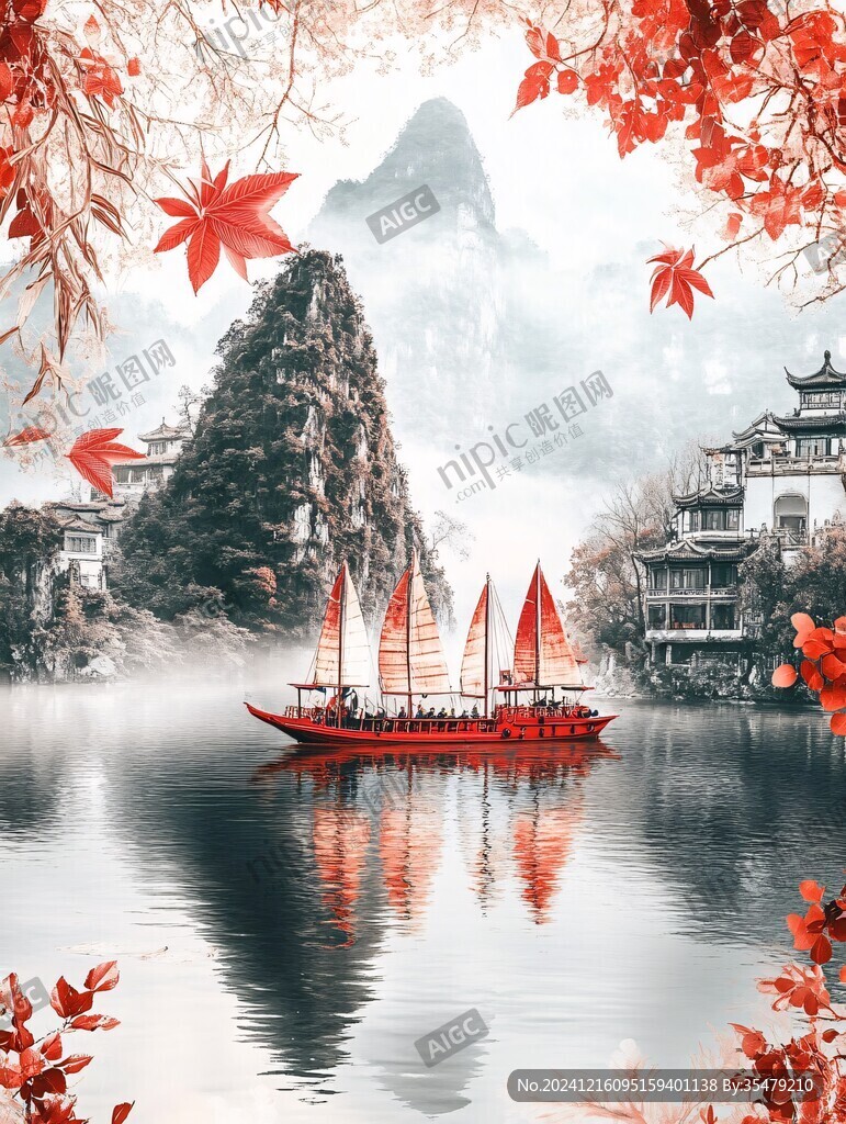 山水楼阁波光小船