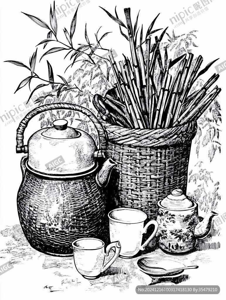 手绘竹茶古典插画