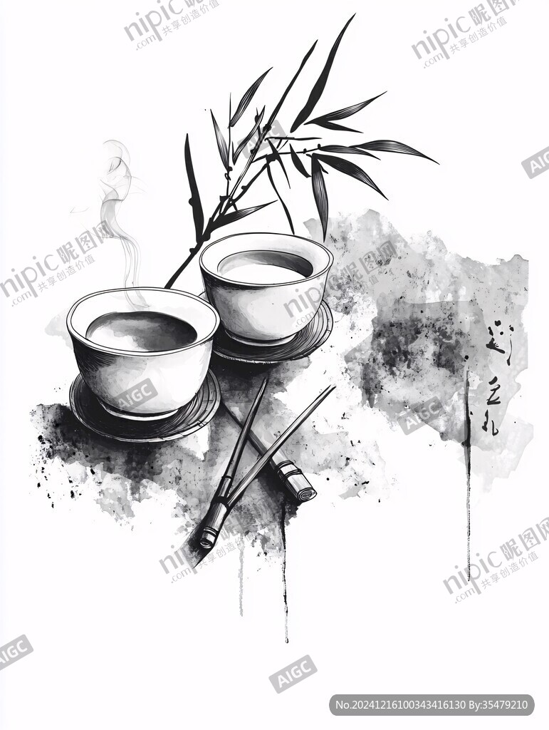 墨韵茶道水墨画