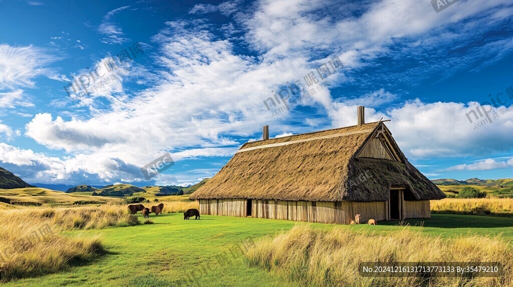 蓝天白云下的茅草屋