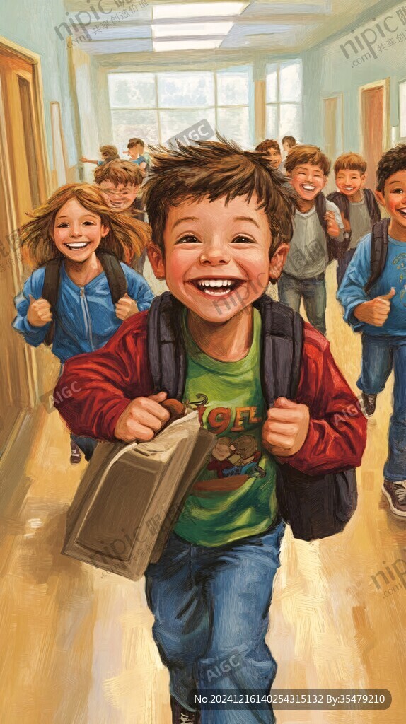 手绘奔跑上学的少年