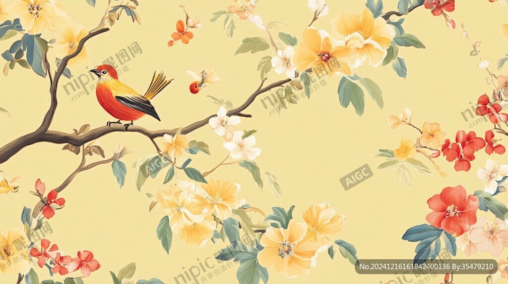 手绘花鸟背景墙壁画
