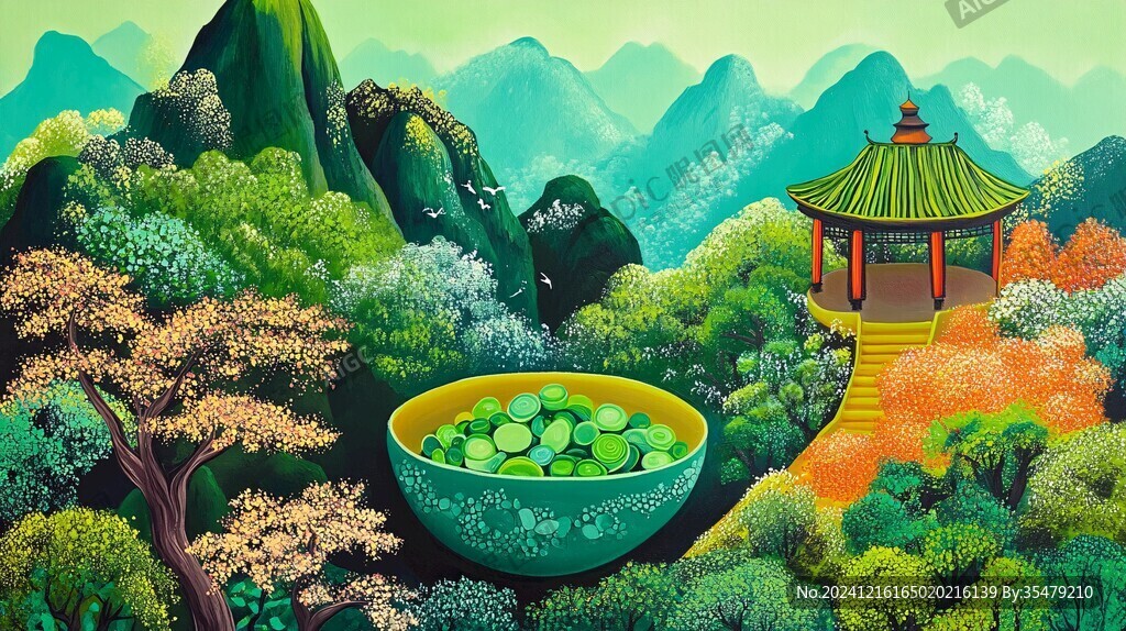 山水画茶树茶杯茶园