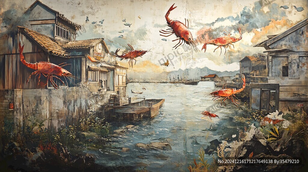 锦鲤戏水油画