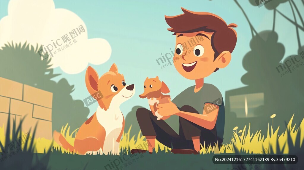 抱小狗的男孩