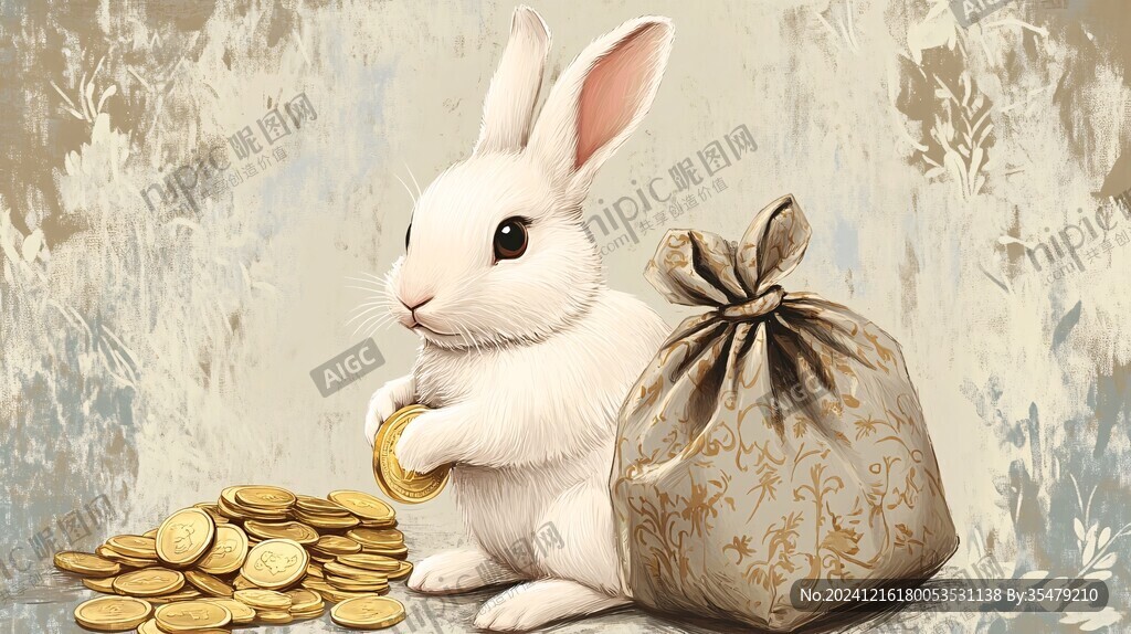 铜钱小兔插画卡通