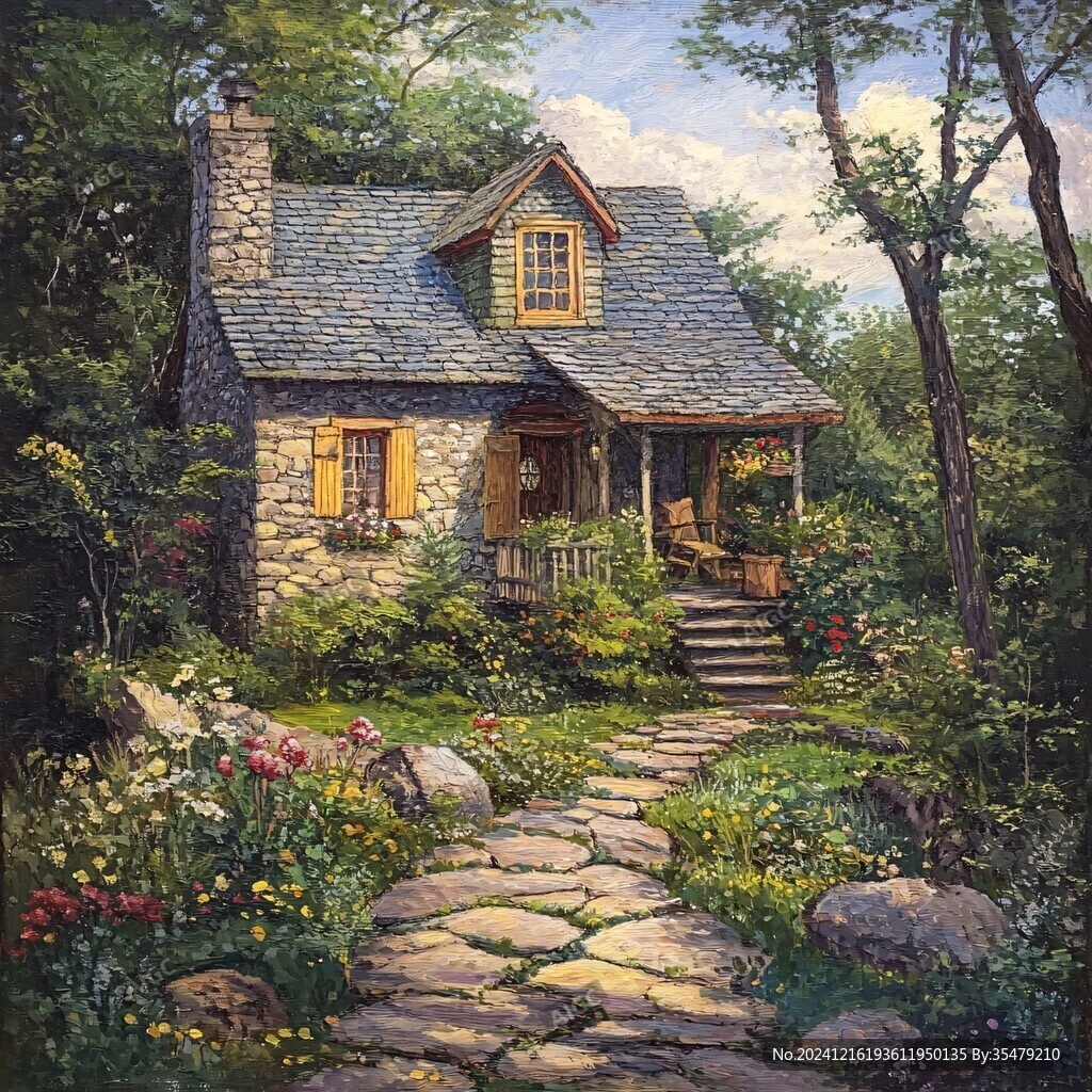 林中小屋油画