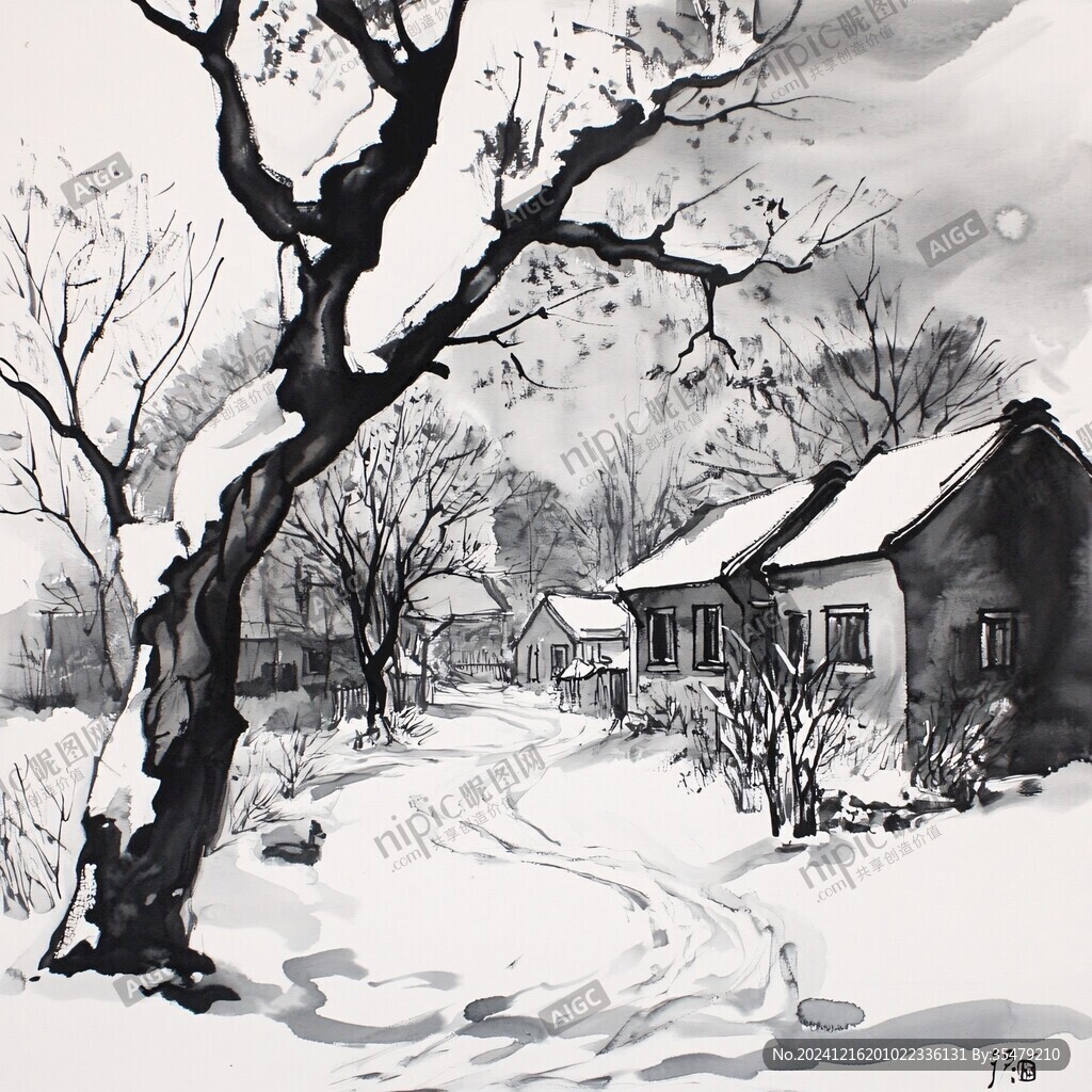 手绘山村雪景图