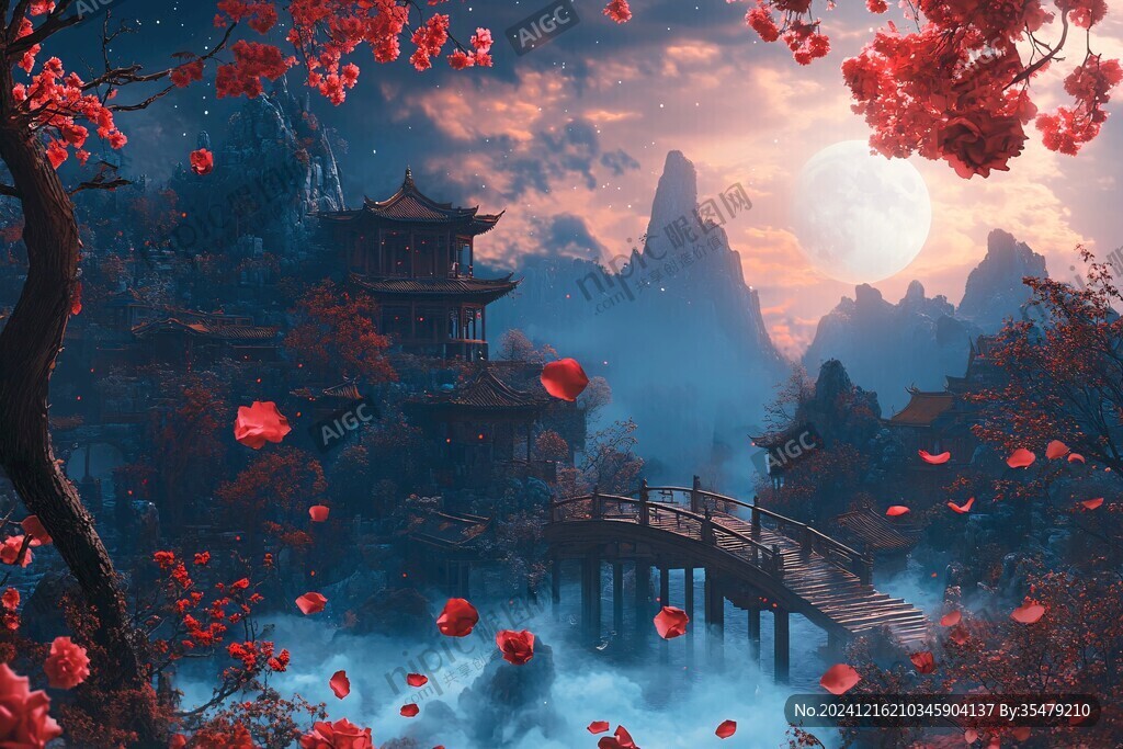 楼阁古风仙鹿仙景