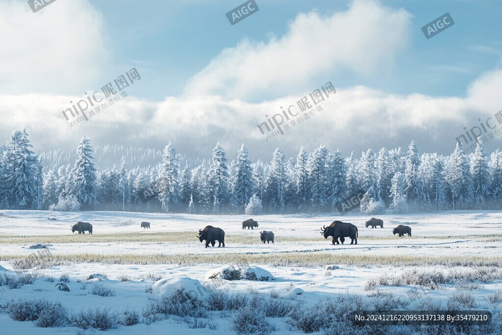 积雪覆盖森林草原马群