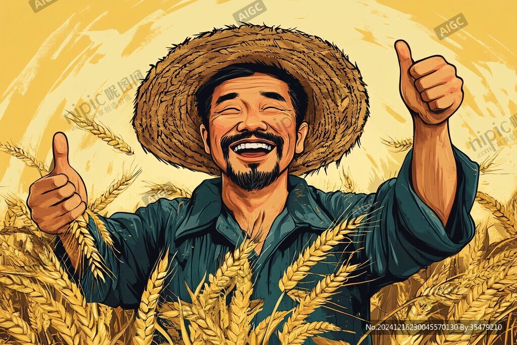 抱麦穗的农民秋收