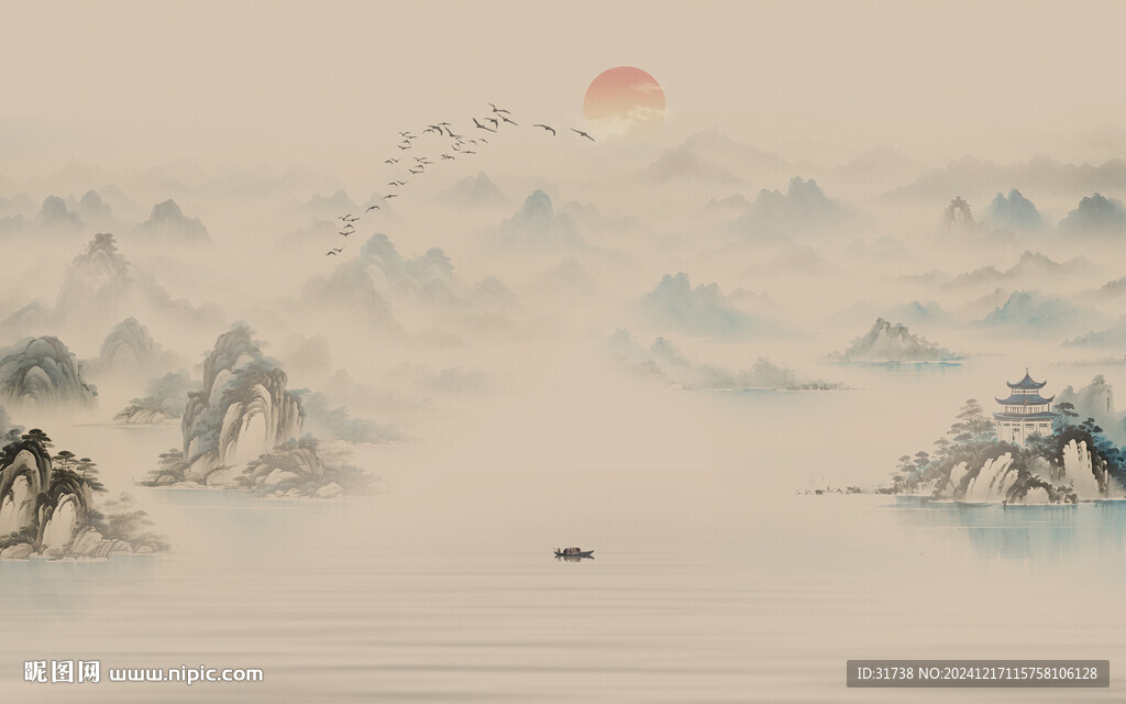 新中式水墨国画山水背景墙壁画