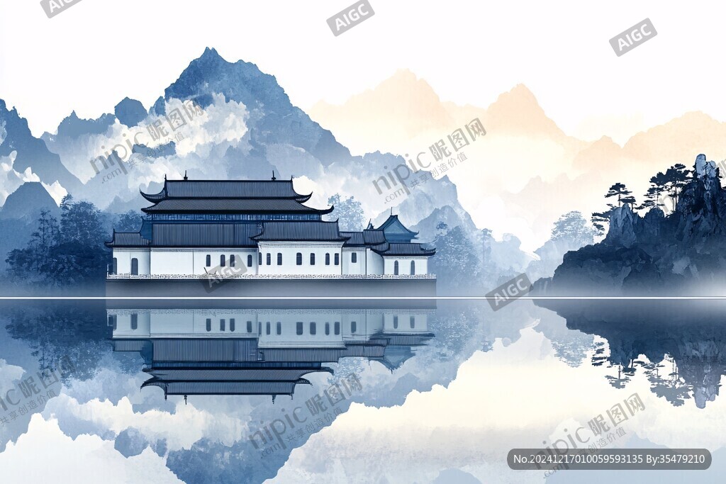 横店地标建筑山水画