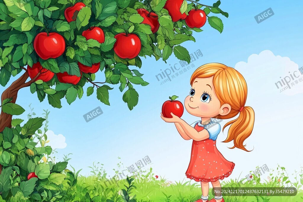 小女孩摘苹果插画